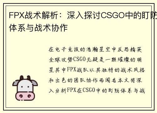 FPX战术解析：深入探讨CSGO中的盯防体系与战术协作