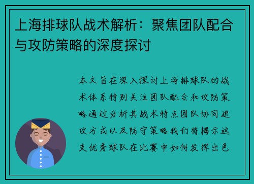 上海排球队战术解析：聚焦团队配合与攻防策略的深度探讨